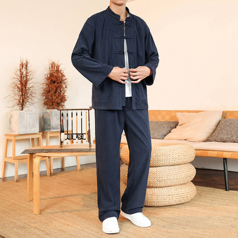 Buddha Stones 2点セット 無地 メンズ フロッグボタン 長袖シャツ パンツ コットン コーデュロイ セット ポケット付き - ミッドナイトブルー - US/UK/AU46、 EU56 (5XL) - image 29