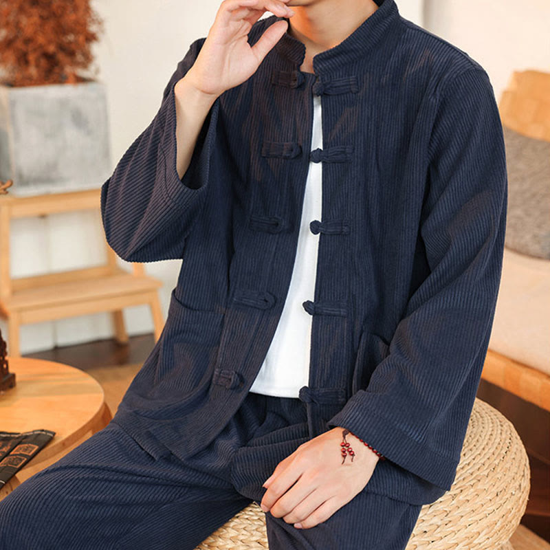 Buddha Stones 2点セット 無地 メンズ フロッグボタン 長袖シャツ パンツ コットン コーデュロイ セット ポケット付き - image 36
