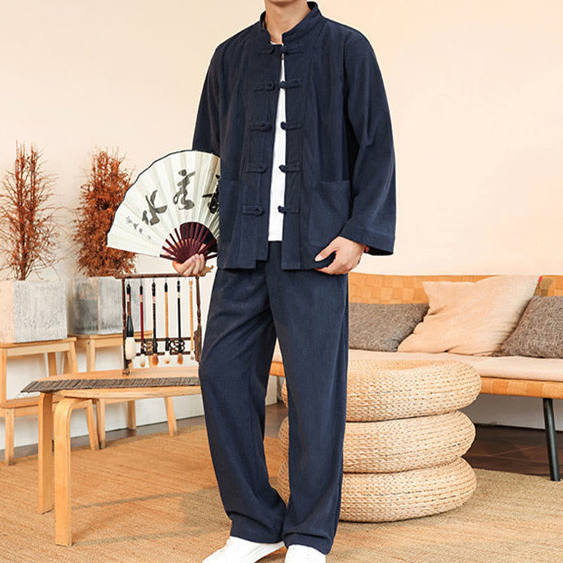 Buddha Stones 2点セット 無地 メンズ フロッグボタン 長袖シャツ パンツ コットン コーデュロイ セット ポケット付き - image 34