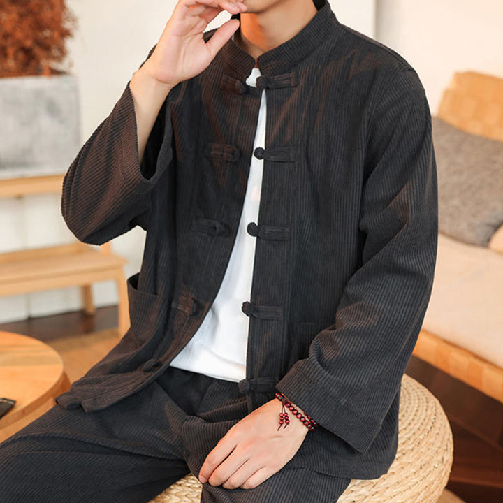 Buddha Stones 2点セット 無地 メンズ フロッグボタン 長袖シャツ パンツ コットン コーデュロイ セット ポケット付き - image 16
