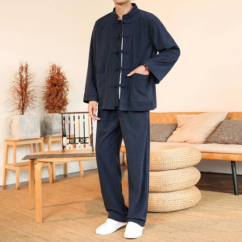 Buddha Stones 2点セット 無地 メンズ フロッグボタン 長袖シャツ パンツ コットン コーデュロイ セット ポケット付き - image 31