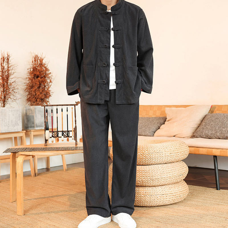 Buddha Stones 2点セット 無地 メンズ フロッグボタン 長袖シャツ パンツ コットン コーデュロイ セット ポケット付き - image 10