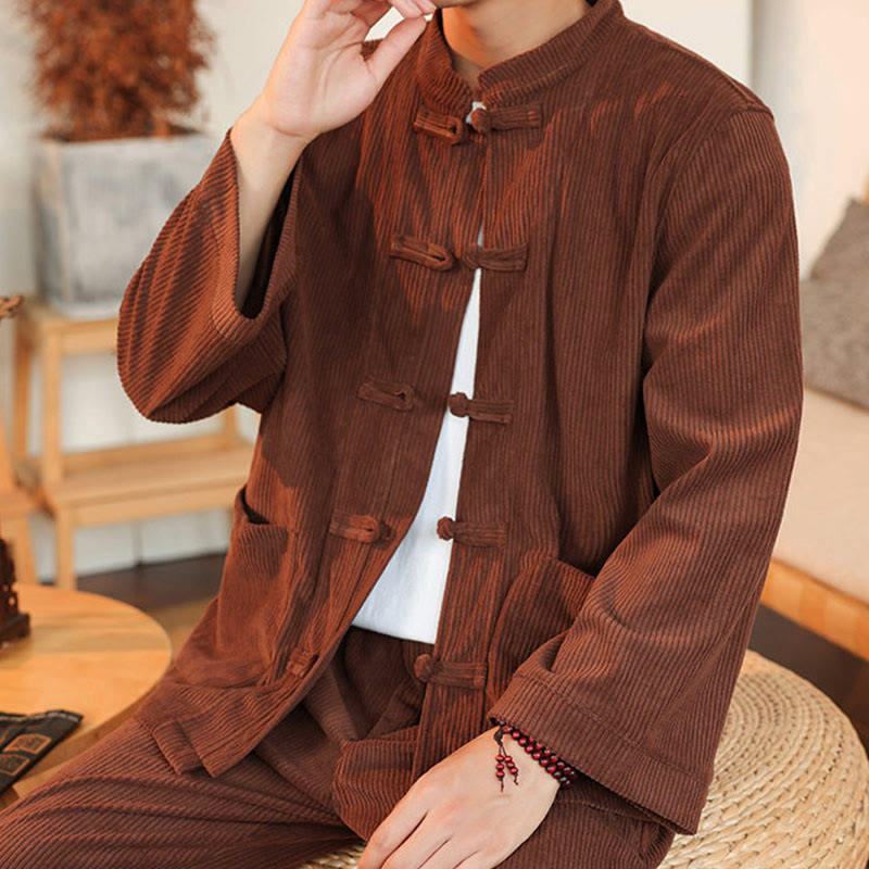 Buddha Stones 2点セット 無地 メンズ フロッグボタン 長袖シャツ パンツ コットン コーデュロイ セット ポケット付き - image 8