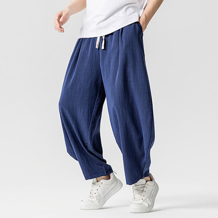 Buddha Stones夏 純色 ドローストリング メンズ コットン アンクル丈 パンツ ポケット付き - image 5