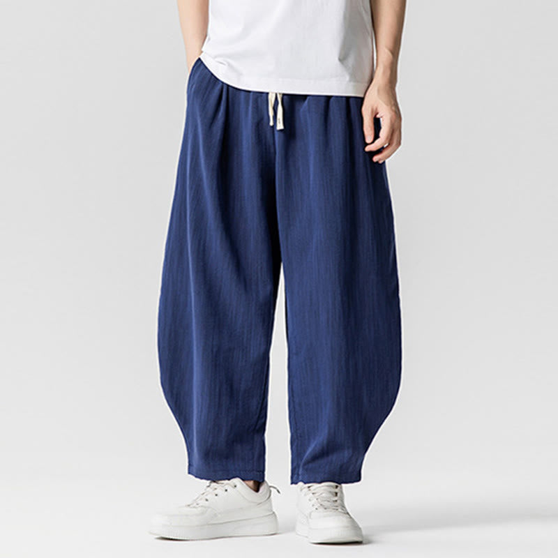 Buddha Stones夏 純色 ドローストリング メンズ コットン アンクル丈 パンツ ポケット付き - image 1