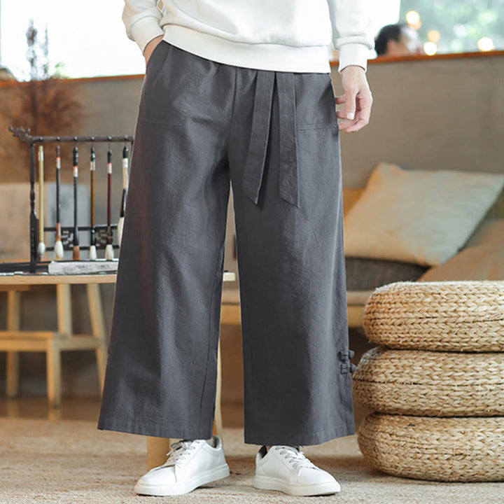 Buddha Stones秋巾着中国風フロッグボタンメンズワイドレッグコットンパンツポケット付き - image 7
