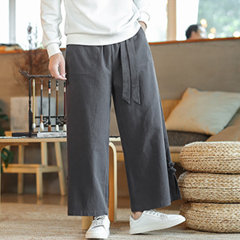 Buddha Stones秋巾着中国風フロッグボタンメンズワイドレッグコットンパンツポケット付き - image 2
