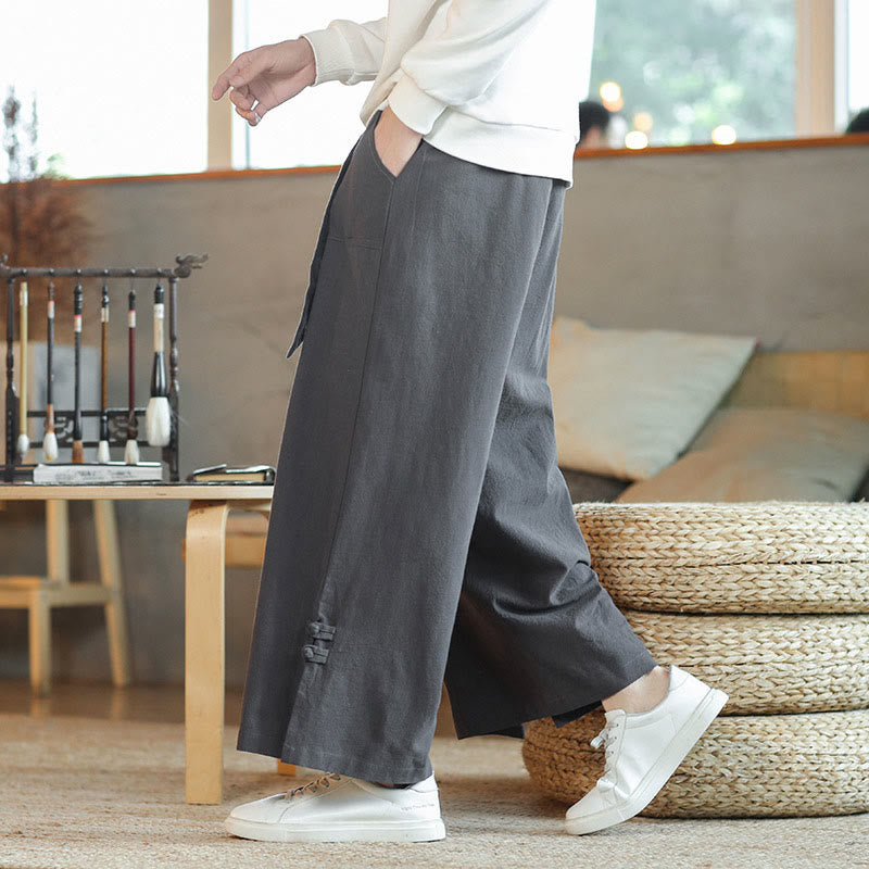 Buddha Stones秋巾着中国風フロッグボタンメンズワイドレッグコットンパンツポケット付き - image 3