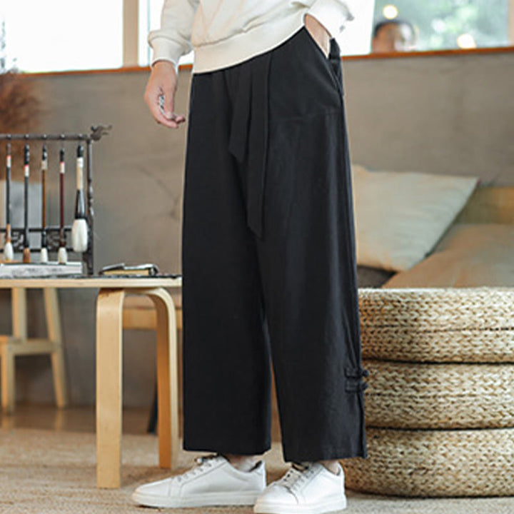 Buddha Stones秋巾着中国風フロッグボタンメンズワイドレッグコットンパンツポケット付き - image 14