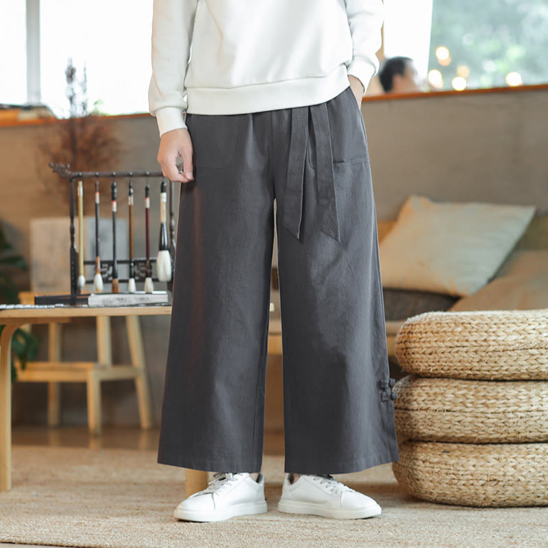 Buddha Stones秋巾着中国風フロッグボタンメンズワイドレッグコットンパンツポケット付き - image 1
