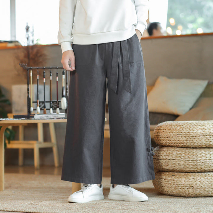 Buddha Stones秋巾着中国風フロッグボタンメンズワイドレッグコットンパンツポケット付き - image 1