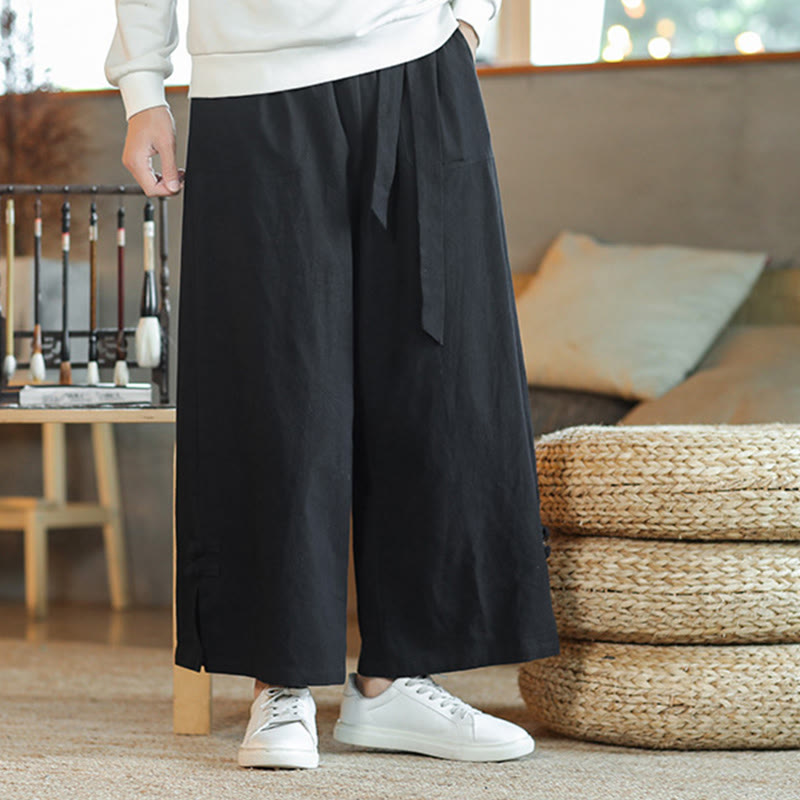 Buddha Stones秋巾着中国風フロッグボタンメンズワイドレッグコットンパンツポケット付き - image 18