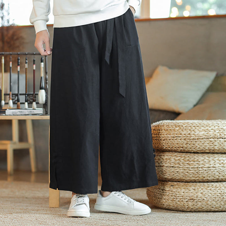 Buddha Stones秋巾着中国風フロッグボタンメンズワイドレッグコットンパンツポケット付き - image 18