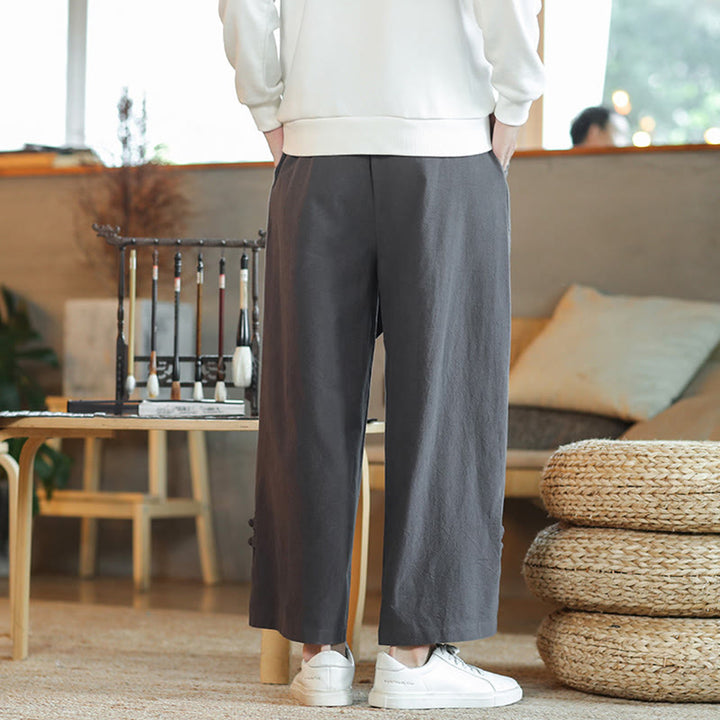 Buddha Stones秋巾着中国風フロッグボタンメンズワイドレッグコットンパンツポケット付き - image 6