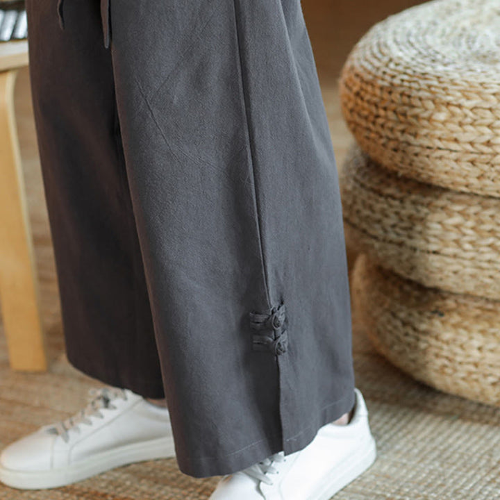 Buddha Stones秋巾着中国風フロッグボタンメンズワイドレッグコットンパンツポケット付き - image 12