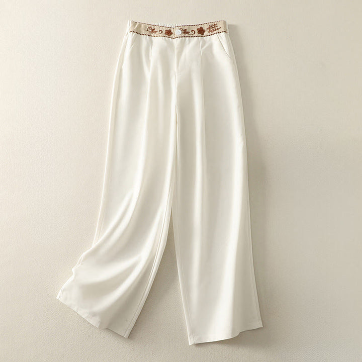 Buddha Stones刺繍柄ポリエステルレディースワイドレッグパンツ（ポケット付き） - 雪 - US12、 UK/AU16、 EU44 (2XL) - image 1