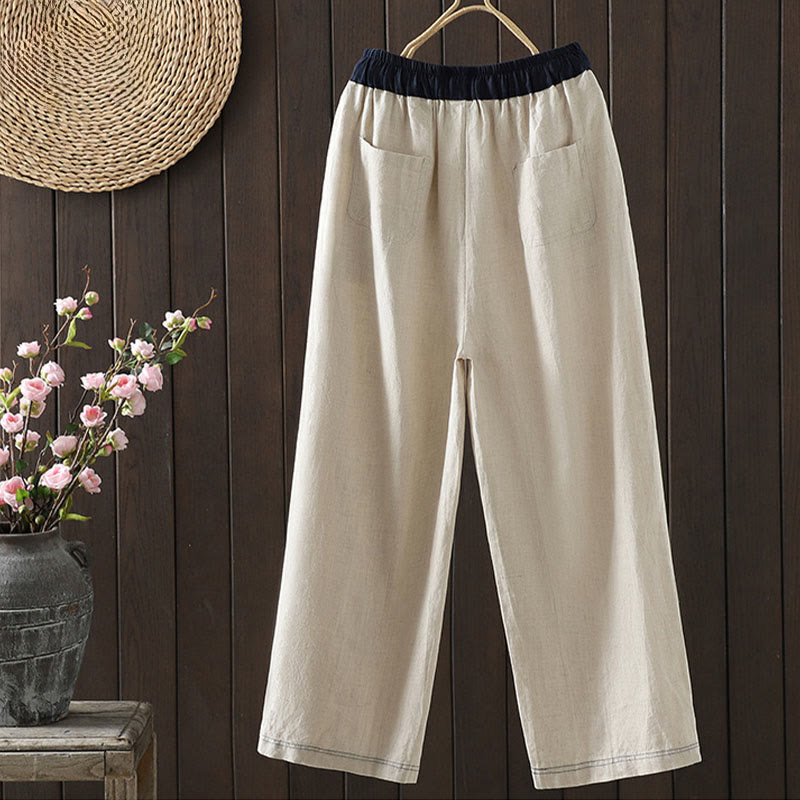 Buddha Stonesカジュアル スプライシングカラーロープ レディース コットン ストレートレッグパンツ ポケット付き - image 1