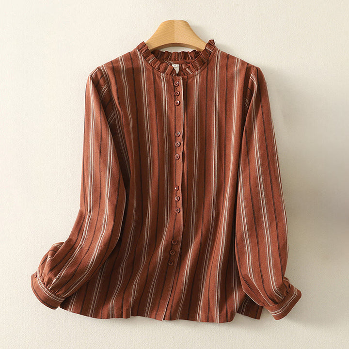 Buddha Stonesカジュアル レトロ ストライプ レディース 長袖 ポリエステル シャツ - ファイアブリック - US12、 UK/AU16、 EU44 (2XL) - image 0