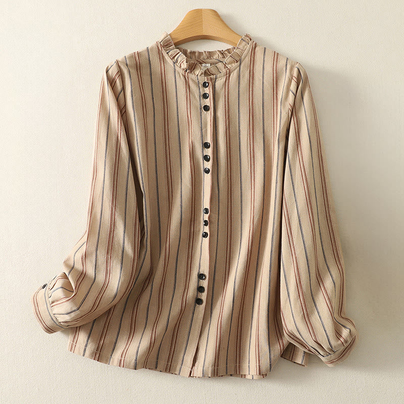 Buddha Stonesカジュアル レトロ ストライプ レディース 長袖 ポリエステル シャツ - バーリーウッド - US12、 UK/AU16、 EU44 (2XL) - image 5