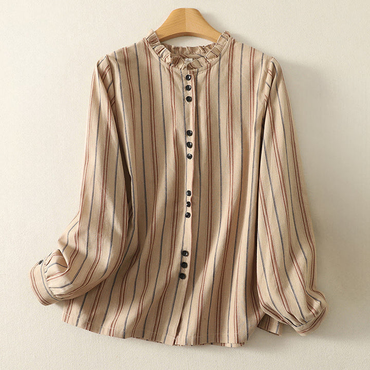 Buddha Stonesカジュアル レトロ ストライプ レディース 長袖 ポリエステル シャツ - バーリーウッド - US12、 UK/AU16、 EU44 (2XL) - image 5