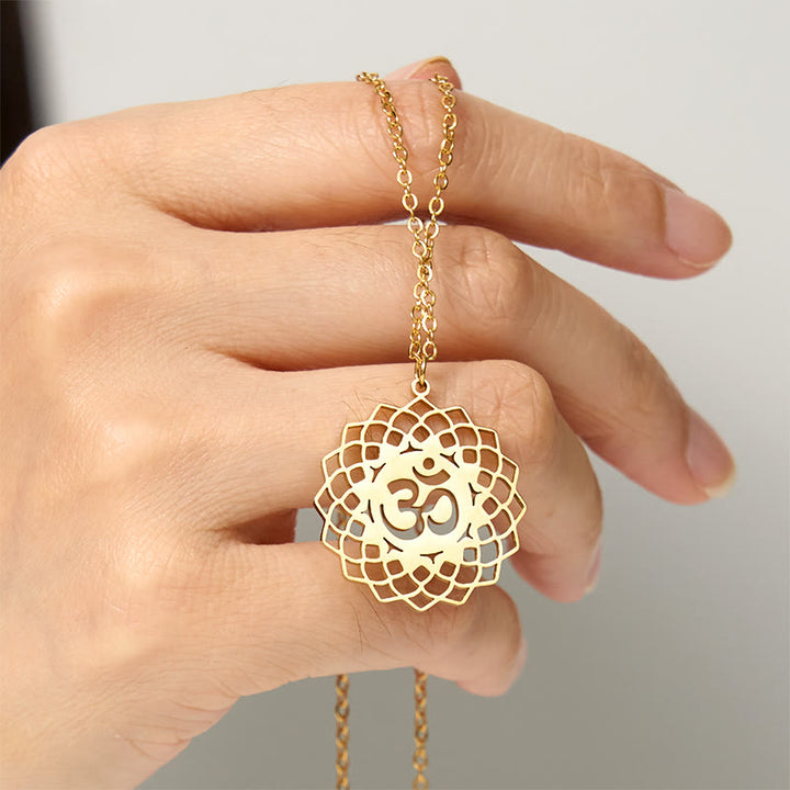 Buddha Stones中空蓮華デザイン Omシンボル ステンレススチール コネクションネックレス ペンダント - image 5