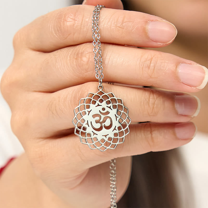 Buddha Stones中空蓮華デザイン Omシンボル ステンレススチール コネクションネックレス ペンダント - image 13
