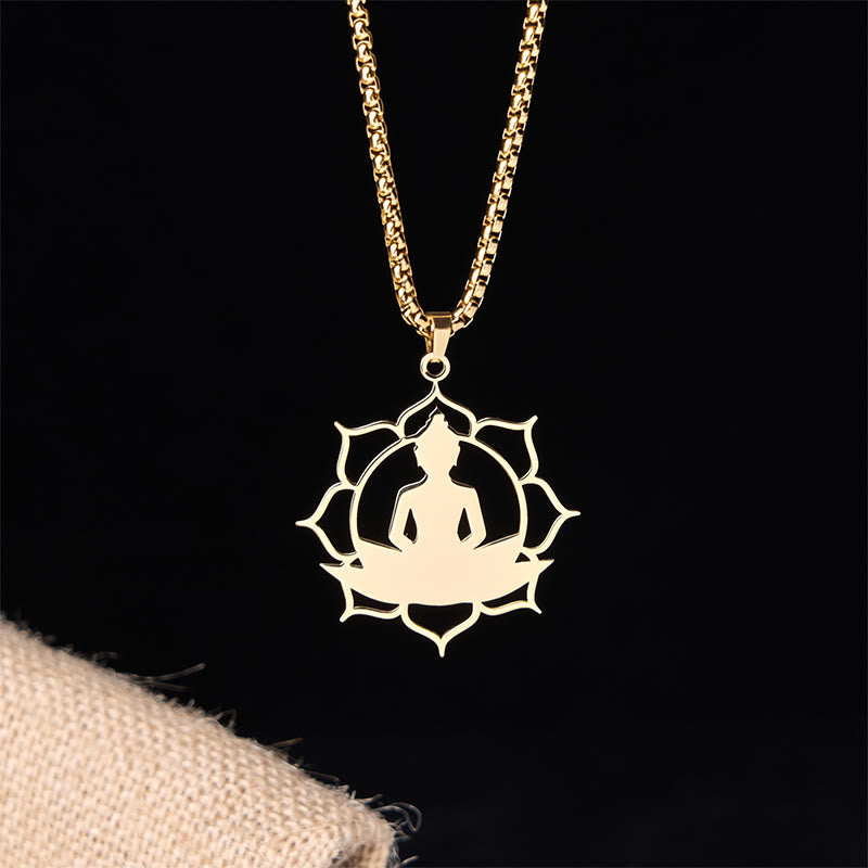 Buddha Stonesヴィンテージ 蓮仏座像デザイン ステンレススチール 悟りのネックレスペンダント - image 3