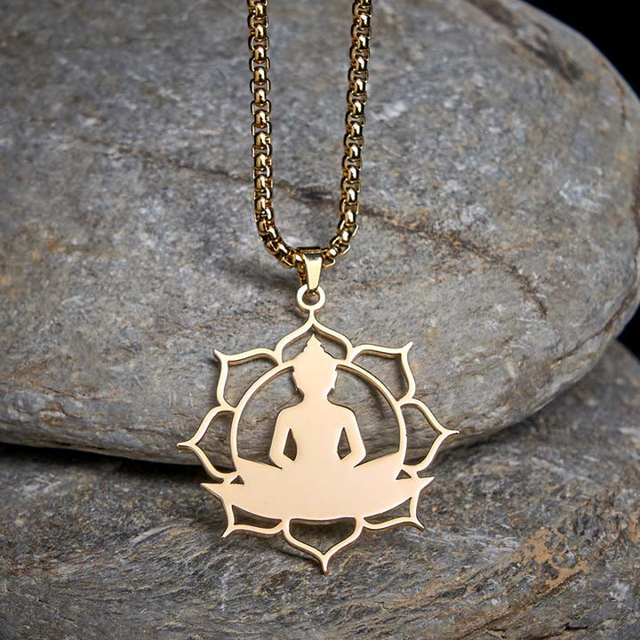 Buddha Stonesヴィンテージ 蓮仏座像デザイン ステンレススチール 悟りのネックレスペンダント - 金 - image 0