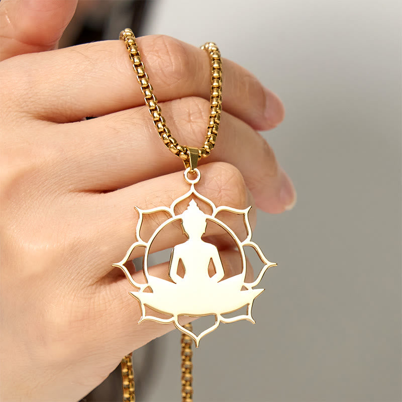 Buddha Stonesヴィンテージ 蓮仏座像デザイン ステンレススチール 悟りのネックレスペンダント - image 4