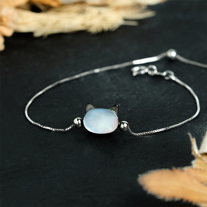 Buddha Stones 925スターリングシルバー シャコガイ ストーン キャットヘッド良縁祈願チェーンブレスレット - ブラックシャコガイの石 - 17～22cm - image 0