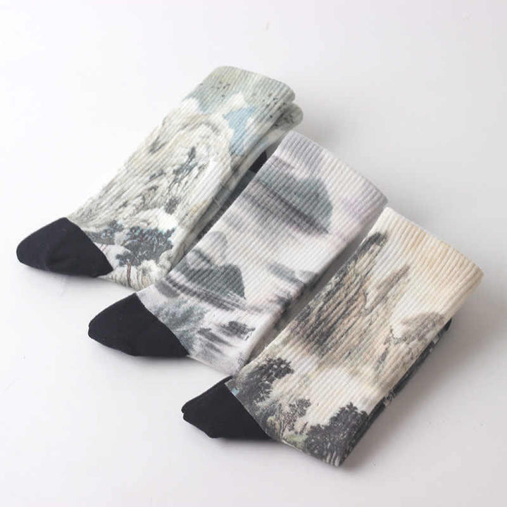 Buddha Stones中国水墨画 風景模様 マイクロクルーソックス 3足組 メンズ レディース ユニセックス - image 1