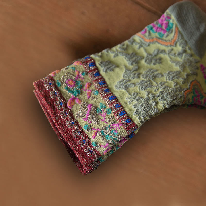 Buddha Stonesレトロエンボス加工 花柄 マイクロクルー レディース コットンソックス - image 2