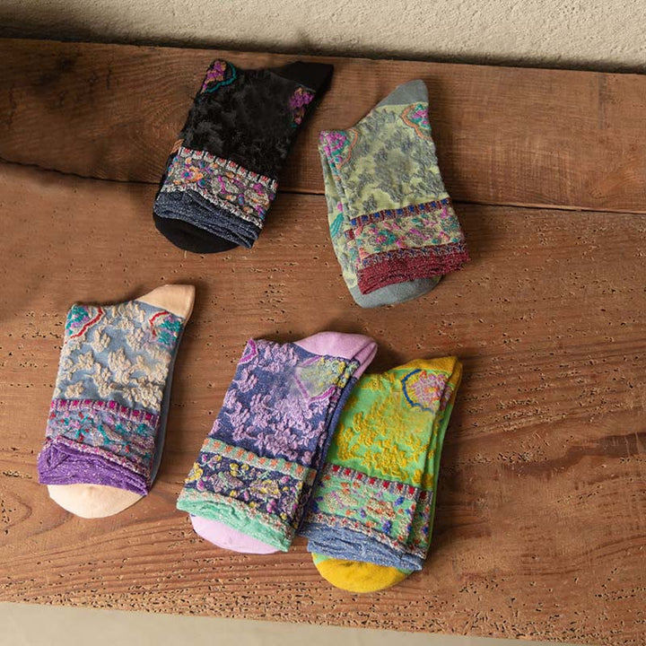 Buddha Stonesレトロエンボス加工 花柄 マイクロクルー レディース コットンソックス - image 24