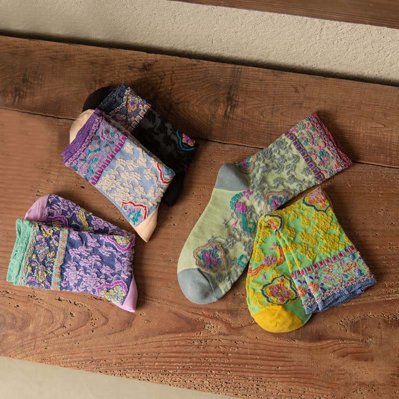Buddha Stonesレトロエンボス加工 花柄 マイクロクルー レディース コットンソックス - image 25