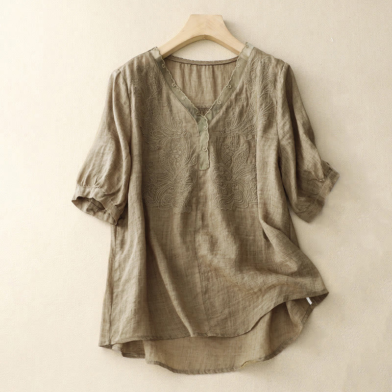Buddha StonesVネック バタフライ レディース ハーフスリーブ シャツ - タン - US14、 UK/AU18、 EU46 (2XL) - image 11