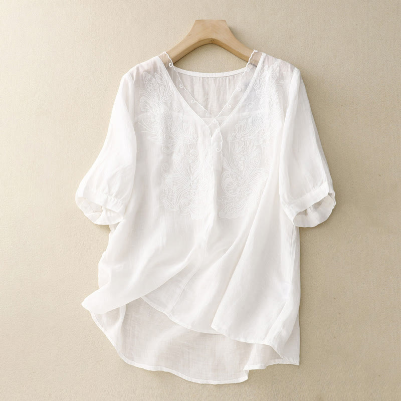 Buddha StonesVネック バタフライ レディース ハーフスリーブ シャツ - 白 - US14、 UK/AU18、 EU46 (2XL) - image 6