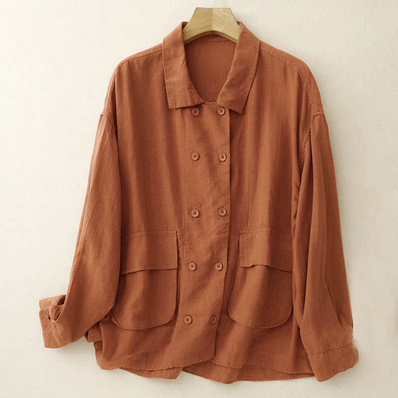 Buddha Stonesダブルブレストデザイン 長袖 レディース コットンジャケット ポケット付き - チョコレート - US14、 UK/AU18、 EU46 (2XL) - image 7