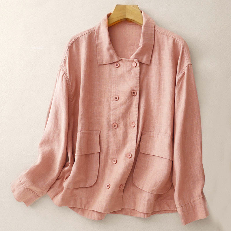 Buddha Stonesダブルブレストデザイン 長袖 レディース コットンジャケット ポケット付き - ダークサーモン - US14、 UK/AU18、 EU46 (2XL) - image 17