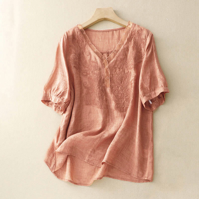 Buddha StonesVネック バタフライ レディース ハーフスリーブ シャツ - サンディブラウン - US14、 UK/AU18、 EU46 (2XL) - image 0