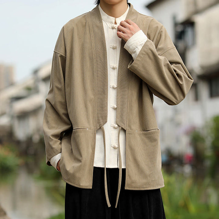 Buddha Stones無地 オープンフロント 長袖ジャケット メンズ コットン コーデュロイ 着物 ポケット付き - image 6