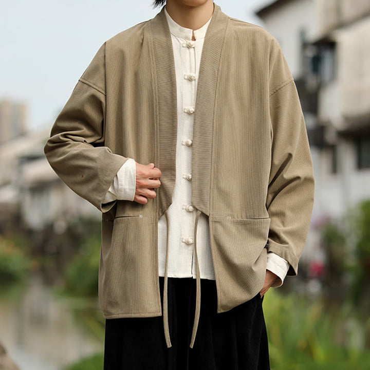 Buddha Stones無地 オープンフロント 長袖ジャケット メンズ コットン コーデュロイ 着物 ポケット付き - image 4