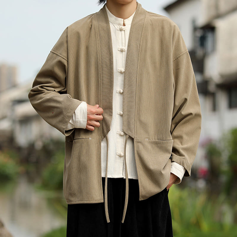 Buddha Stones無地 オープンフロント 長袖ジャケット メンズ コットン コーデュロイ 着物 ポケット付き - image 4