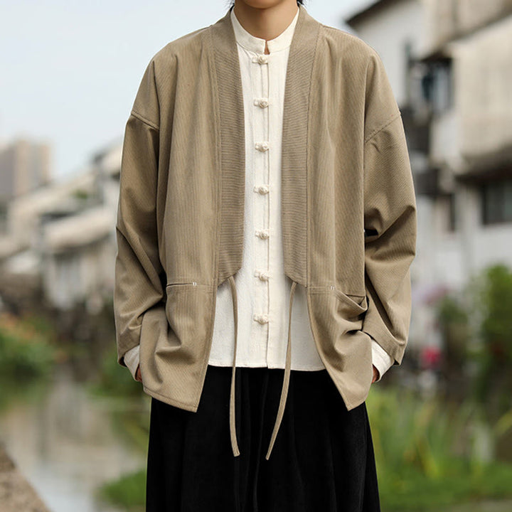 Buddha Stones無地 オープンフロント 長袖ジャケット メンズ コットン コーデュロイ 着物 ポケット付き - image 1