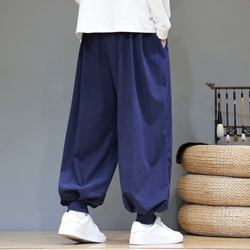 Buddha Stones秋 プレーン ドローストリング シンプルデザイン メンズ ハーレム コットン コーデュロイ パンツ ポケット付き - image 54