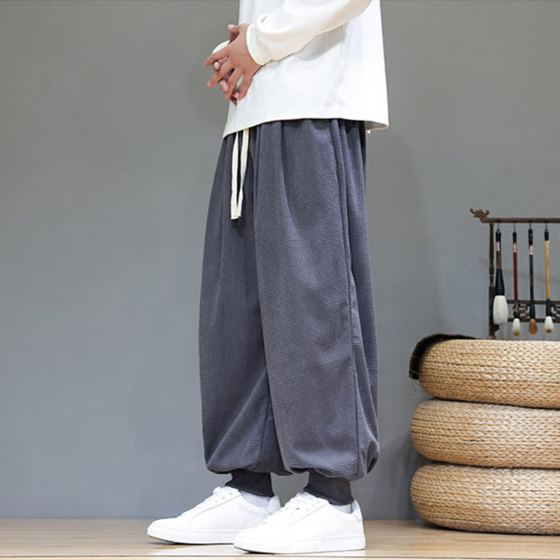 Buddha Stones秋 プレーン ドローストリング シンプルデザイン メンズ ハーレム コットン コーデュロイ パンツ ポケット付き - image 3
