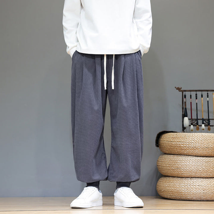 Buddha Stones秋 プレーン ドローストリング シンプルデザイン メンズ ハーレム コットン コーデュロイ パンツ ポケット付き - image 1