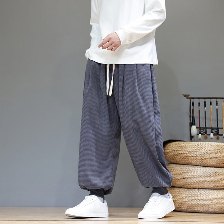 Buddha Stones秋 プレーン ドローストリング シンプルデザイン メンズ ハーレム コットン コーデュロイ パンツ ポケット付き - image 0