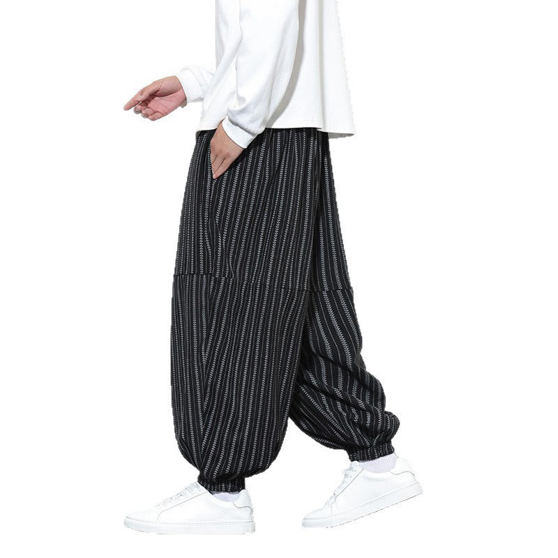 Buddha Stones秋 ストライプ柄 ドローストリング メンズ ハーレム コーデュロイ パンツ ポケット付き - image 16
