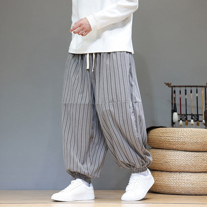 Buddha Stones秋 ストライプ柄 ドローストリング メンズ ハーレム コーデュロイ パンツ ポケット付き - image 43