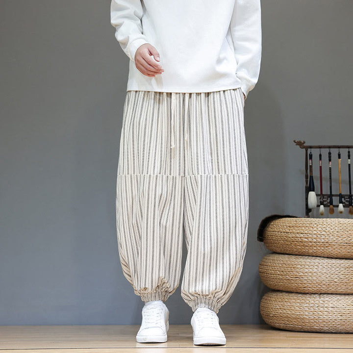 Buddha Stones秋 ストライプ柄 ドローストリング メンズ ハーレム コーデュロイ パンツ ポケット付き - image 25